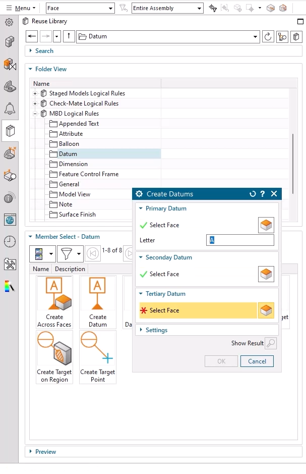 Minh họa giao diện tạo điểm chuẩn (Datums) cho PMI trong NX, tăng hiệu quả quản lý chi tiết sản xuất.
