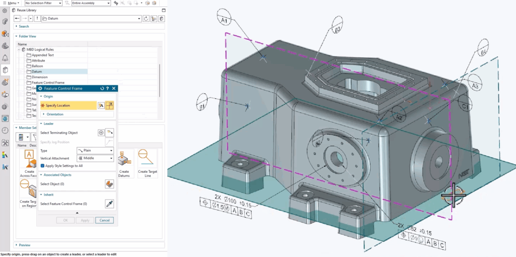 Minh họa giao diện tạo khung kiểm soát tính năng (Feature Control Frame) cho PMI, đảm bảo định nghĩa chính xác dung sai hình học trong NX.
