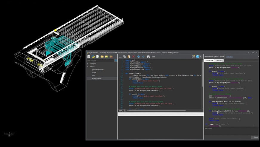 Mô hình CAD chi tiết bên trái và đoạn mã Python cho tự động hóa bằng AI trong MicroStation 2025 bên phải.