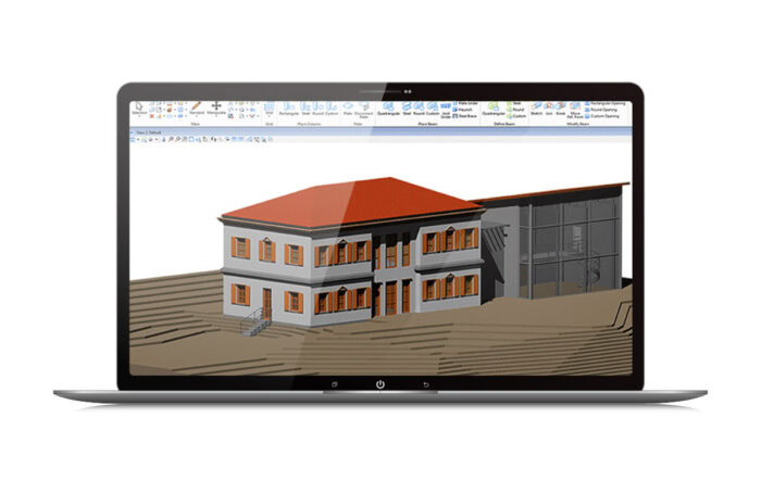 Máy tính xách tay hiển thị mô hình kiến trúc 3D hai tầng mái ngói màu cam trên phần mềm CAD thiết kế