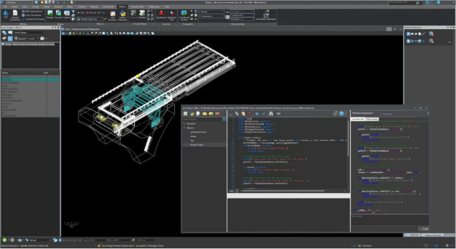 Màn hình máy tính hiển thị MicroStation 2026: phần mềm mô hình hóa CAD 3D với một thiết kế cơ khí cùng cửa sổ trình soạn thảo mã thể hiện các đoạn mã lập trình.